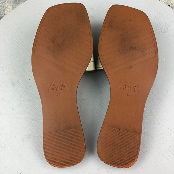 Zara Women's Size 39 Beige Patent Open Toe Square Toe Slip On Flats Sandals - Picture 8 of 11
